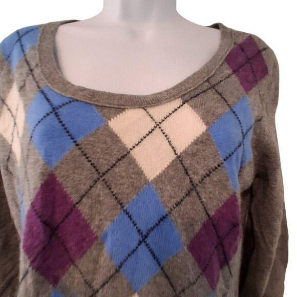 Tweeds nwt sweater womens L gray argyle 2 ply pullover 100% cashmere 3/4 sleeve - Picture 2 of 4